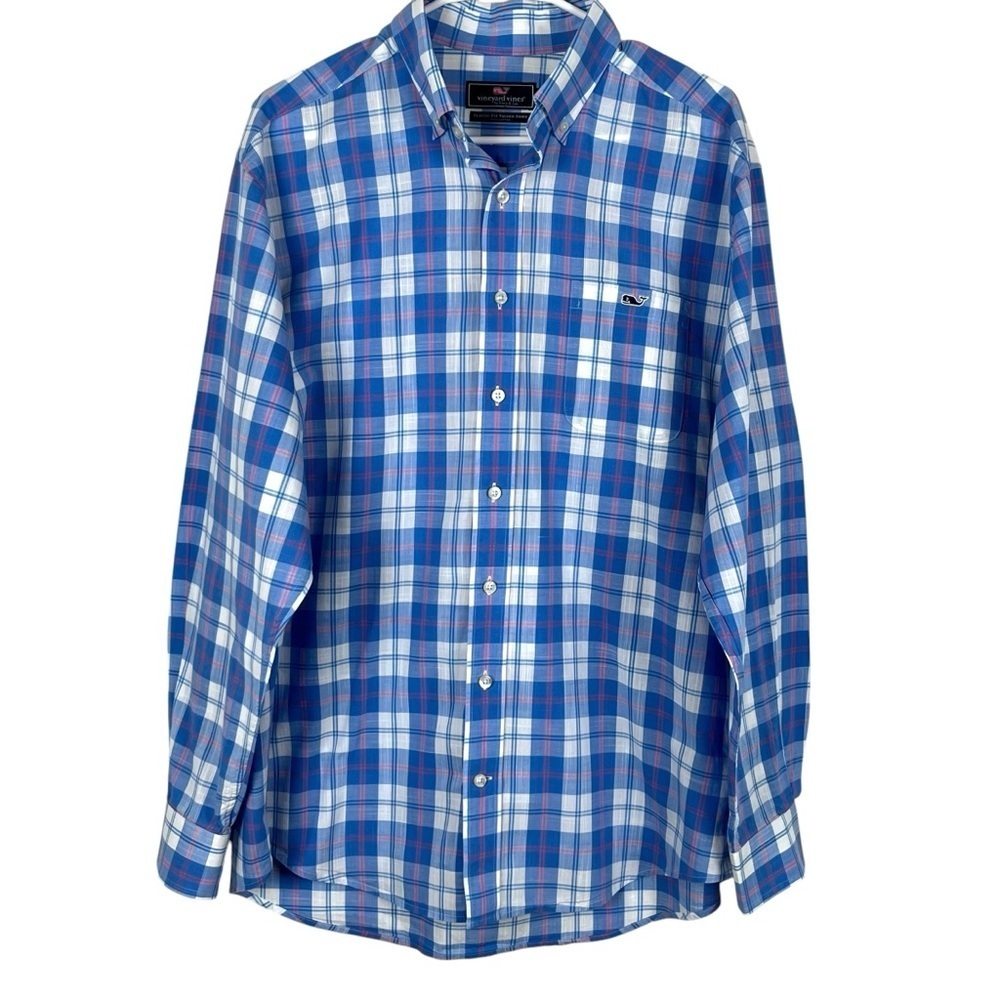 Vineyard Vines Classic Fit Tucker Shirt 100% Cotton Blue/White Plaid Size Large